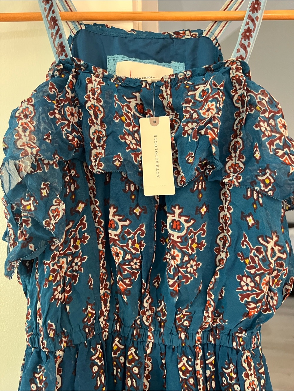 Anthropologie Ruffled Blue Floral Printed Dress Bohemian Style Women’s size S - Picture 5 of 16